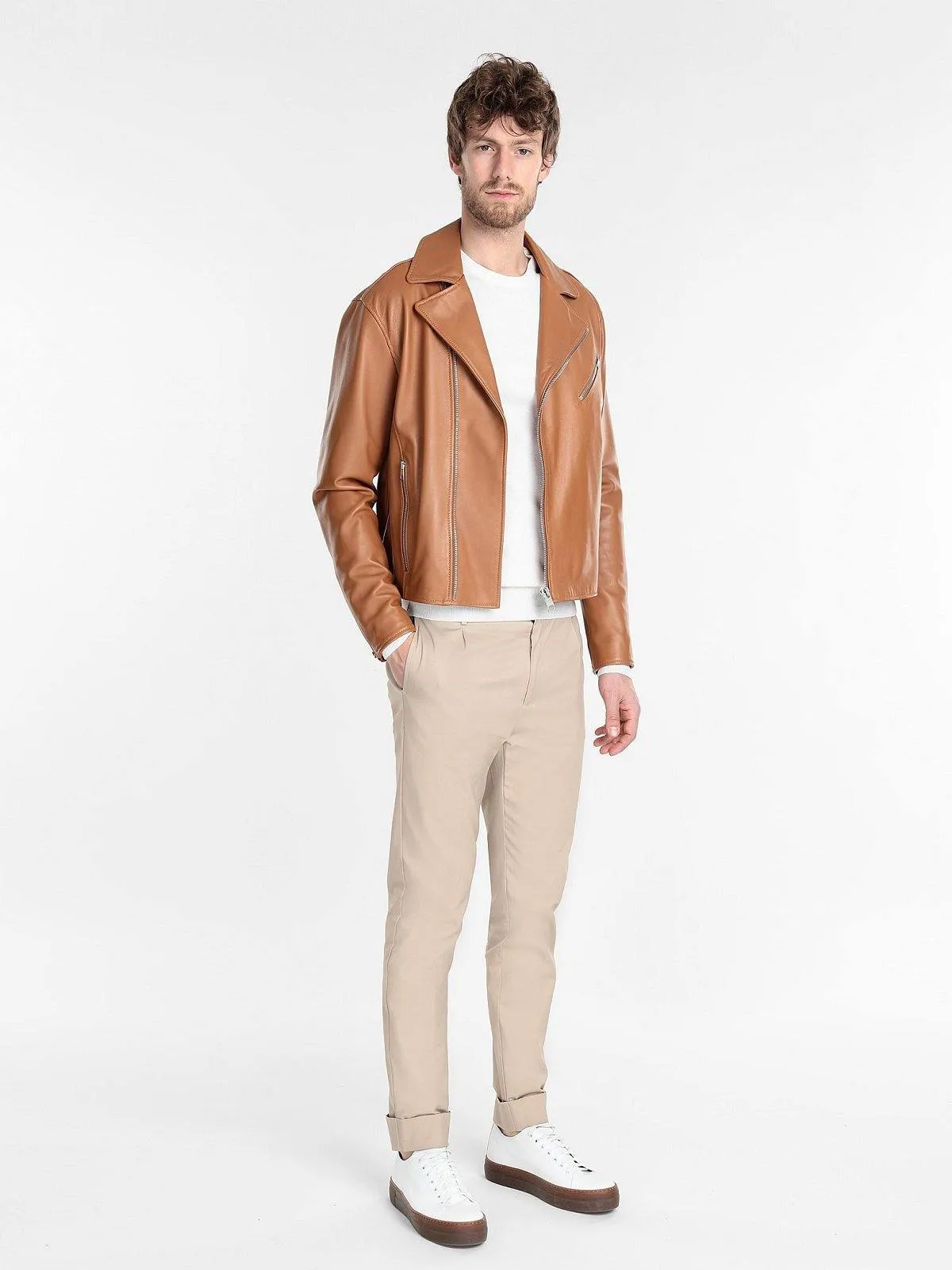 Tan Brown Biker Leather Jacket for Men with Lapel Collar