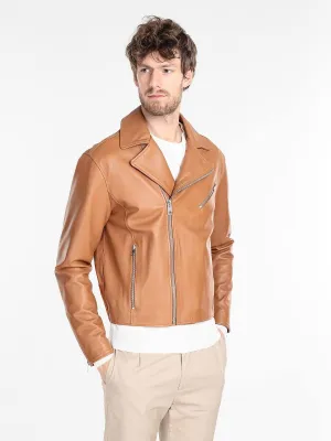 Tan Brown Biker Leather Jacket for Men with Lapel Collar