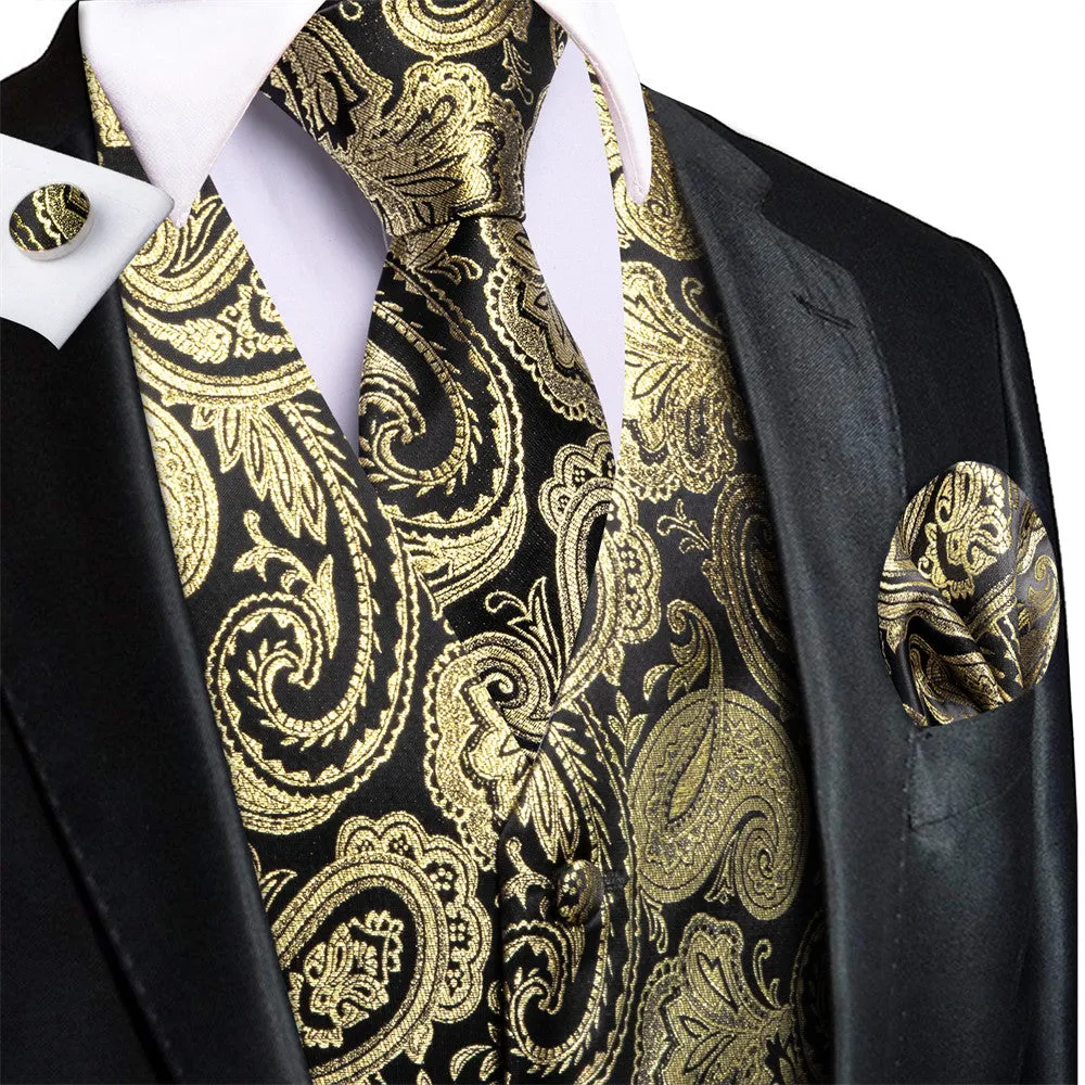 Ties2you BLack Gold Paisley V-Neck Silk Vest Necktie Set