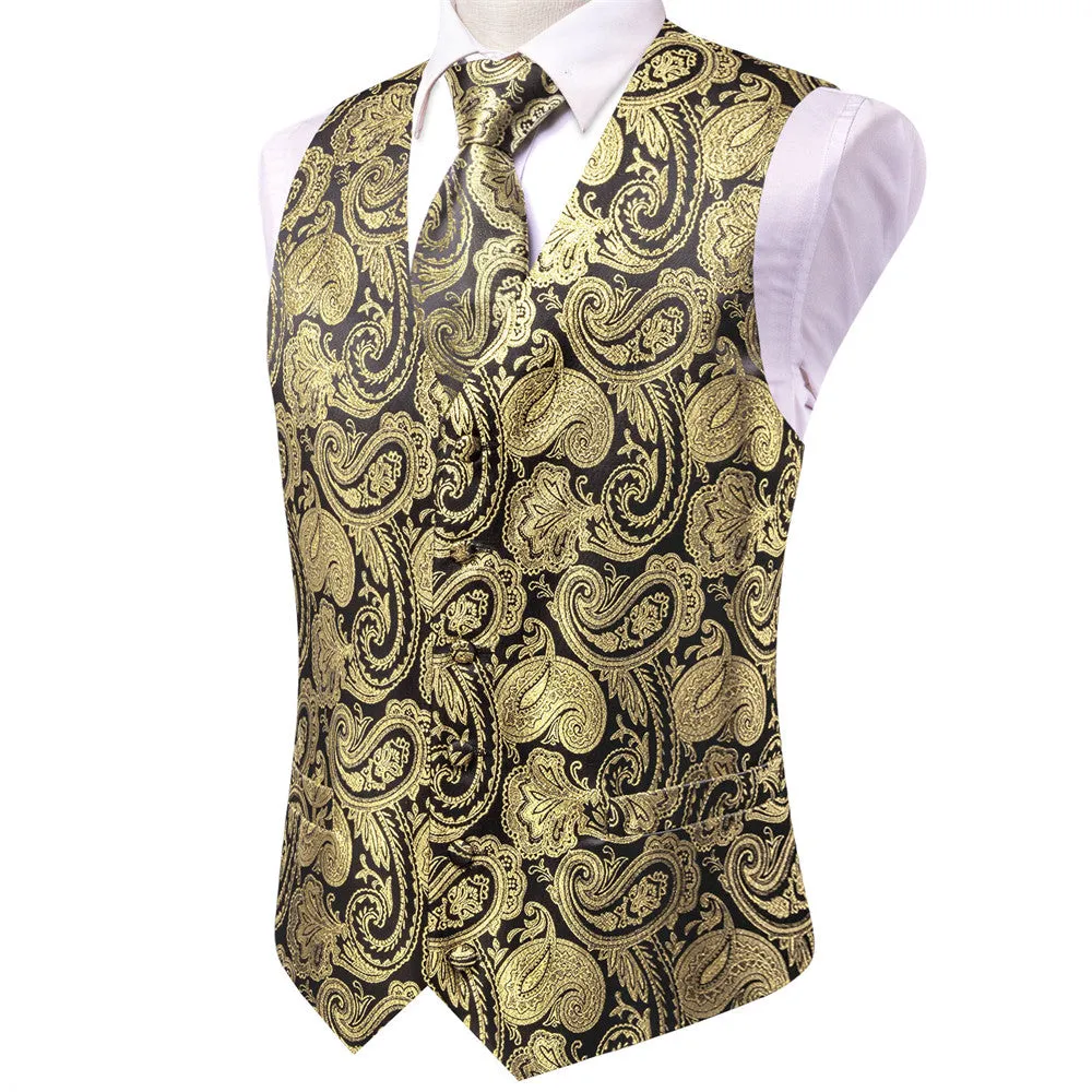 Ties2you BLack Gold Paisley V-Neck Silk Vest Necktie Set