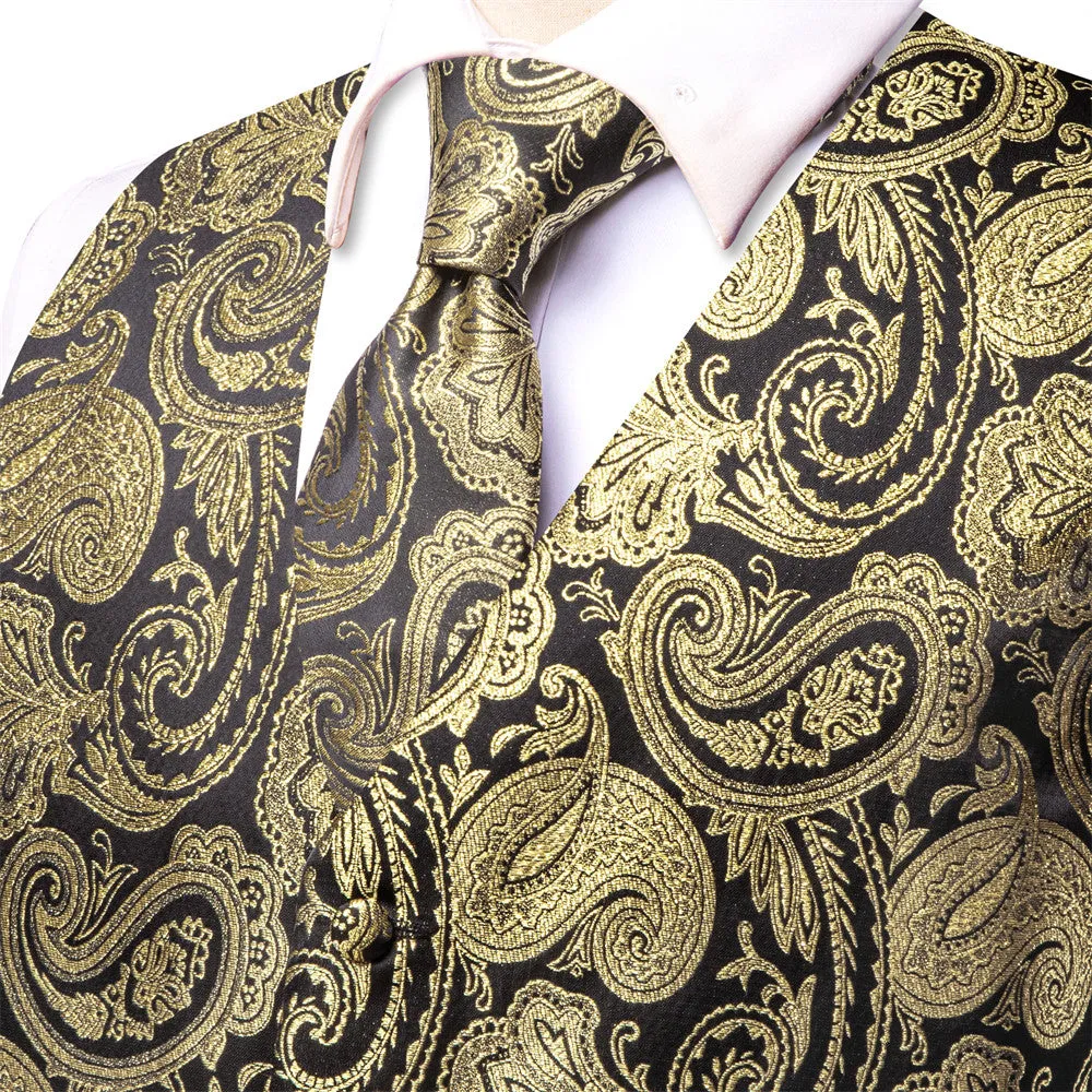 Ties2you BLack Gold Paisley V-Neck Silk Vest Necktie Set