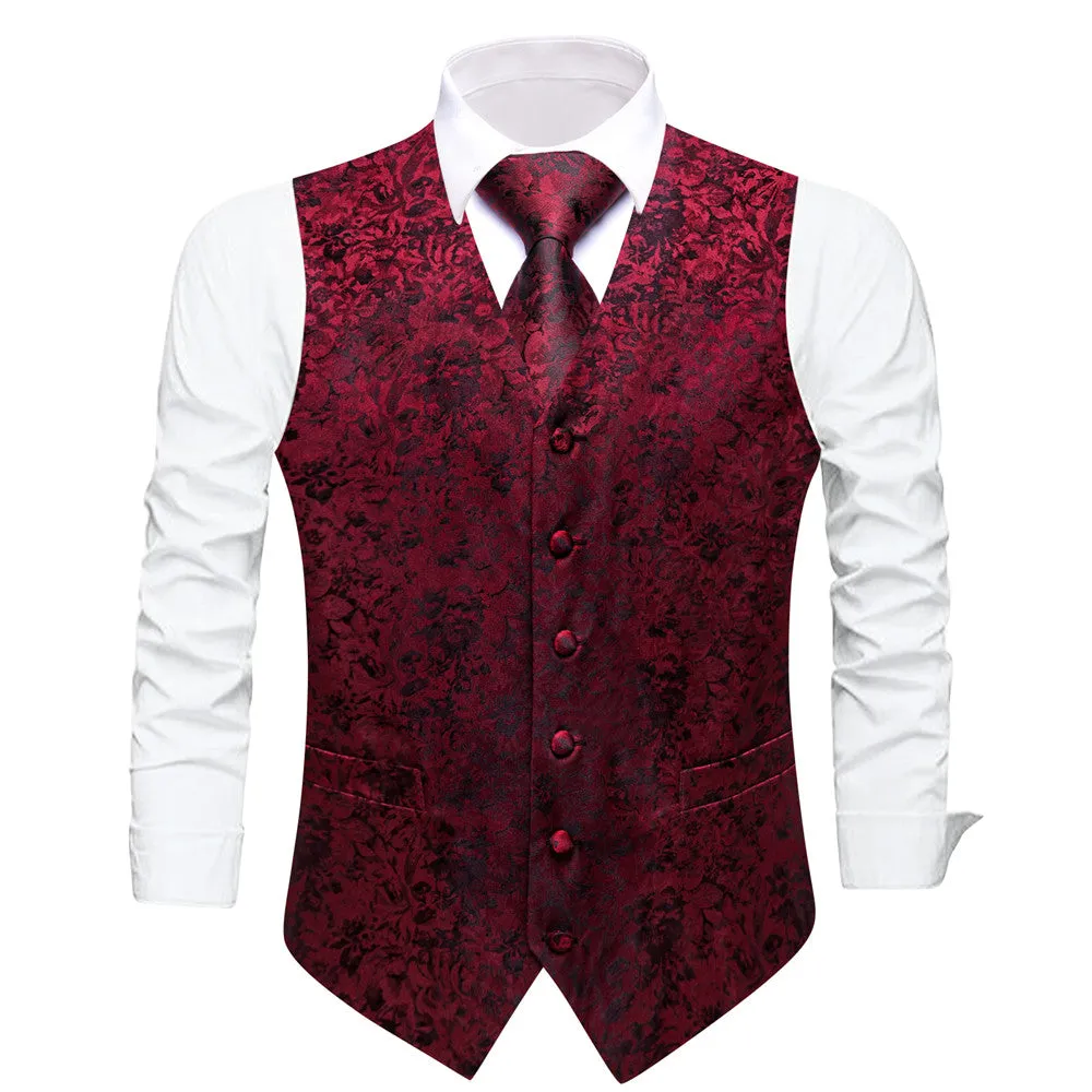 Ties2you Black Red Floral Silk V-Neck Vest Necktie Set