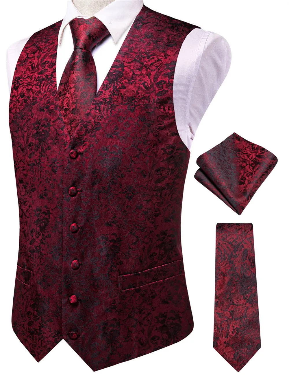 Ties2you Black Red Floral Silk V-Neck Vest Necktie Set