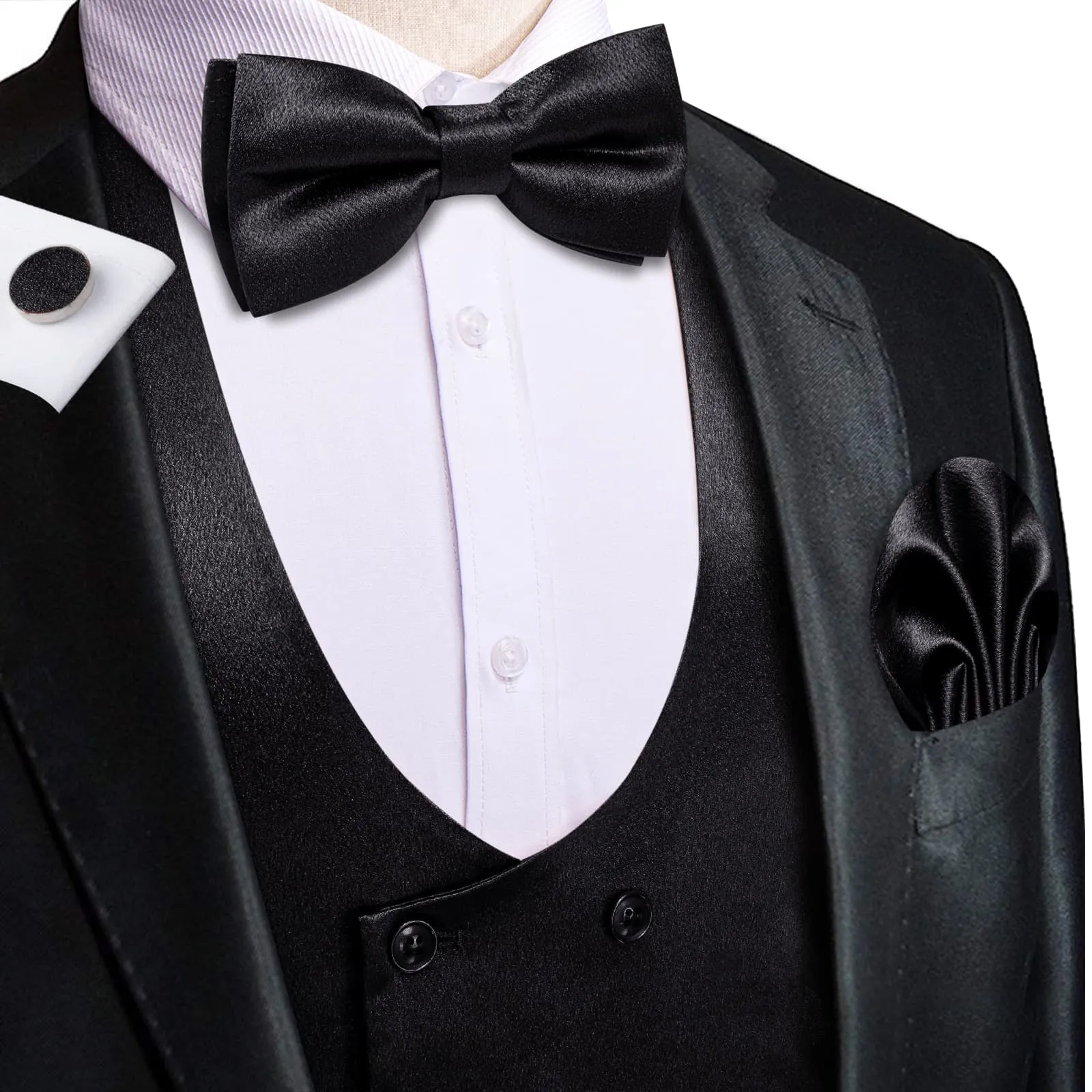 Ties2you Double Breasted Vest Classic Black Solid Mens Vest Tie Bowtie Set 5PC for Business