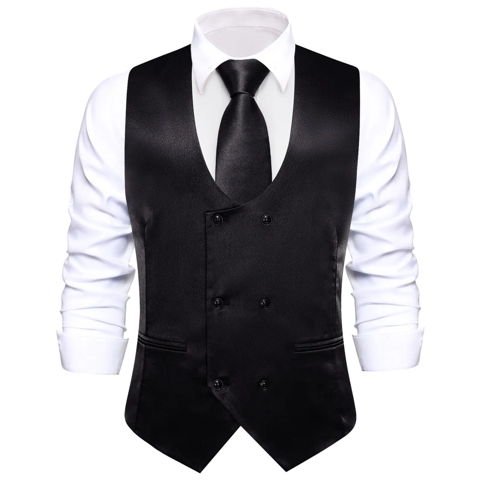 Ties2you Double Breasted Vest Classic Black Solid Mens Vest Tie Bowtie Set 5PC for Business