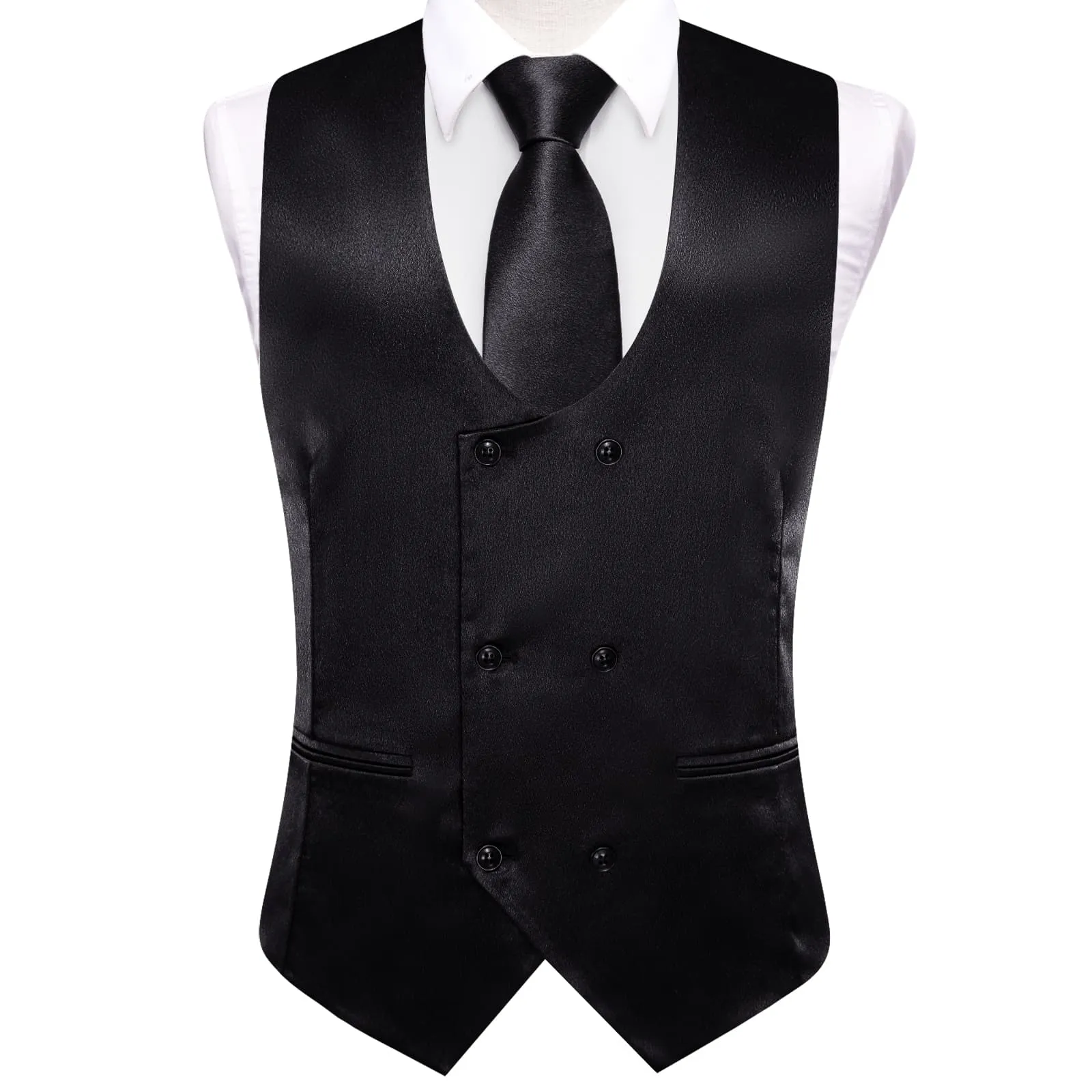 Ties2you Double Breasted Vest Classic Black Solid Mens Vest Tie Bowtie Set 5PC for Business