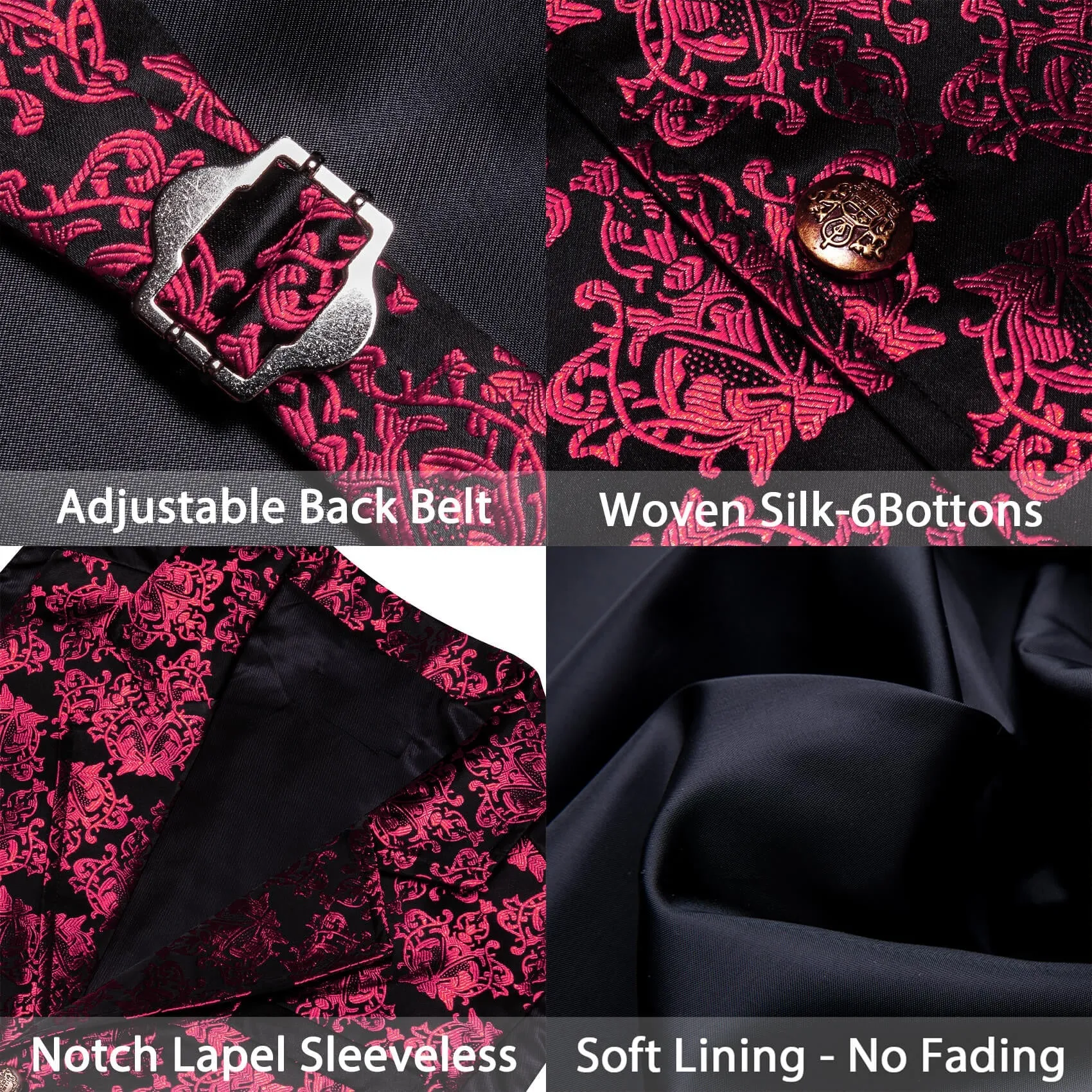 Ties2you Men's Vest Black Ruby Red Jacquard Floral Silk Suit Vest