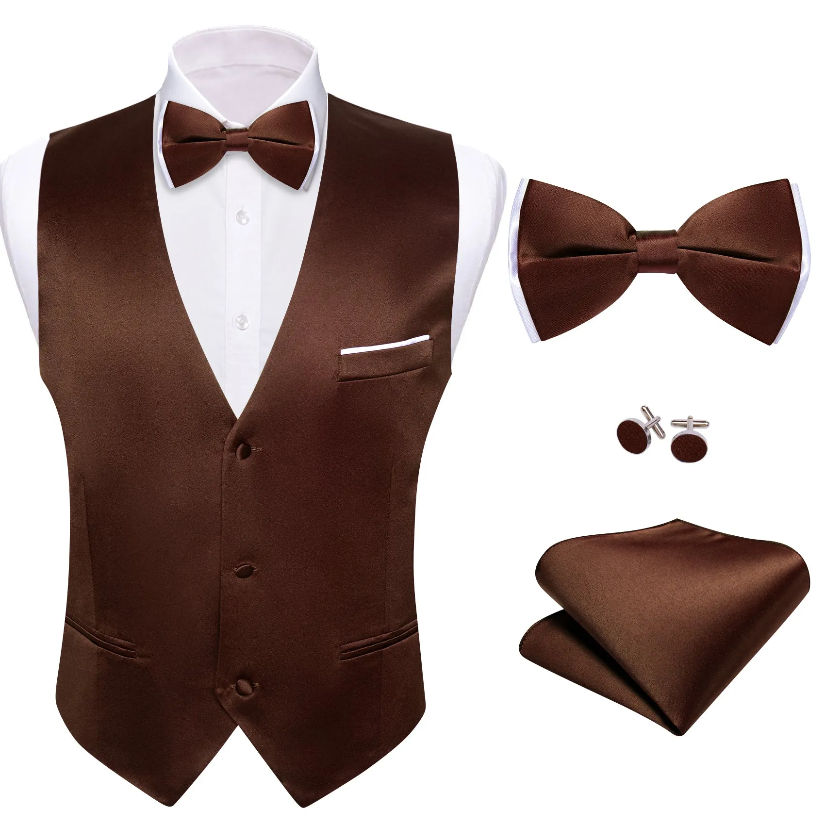 Ties2you Men's Vest Pecan Brown Solid Silk  Bow Tie Waistcoat Suit Set