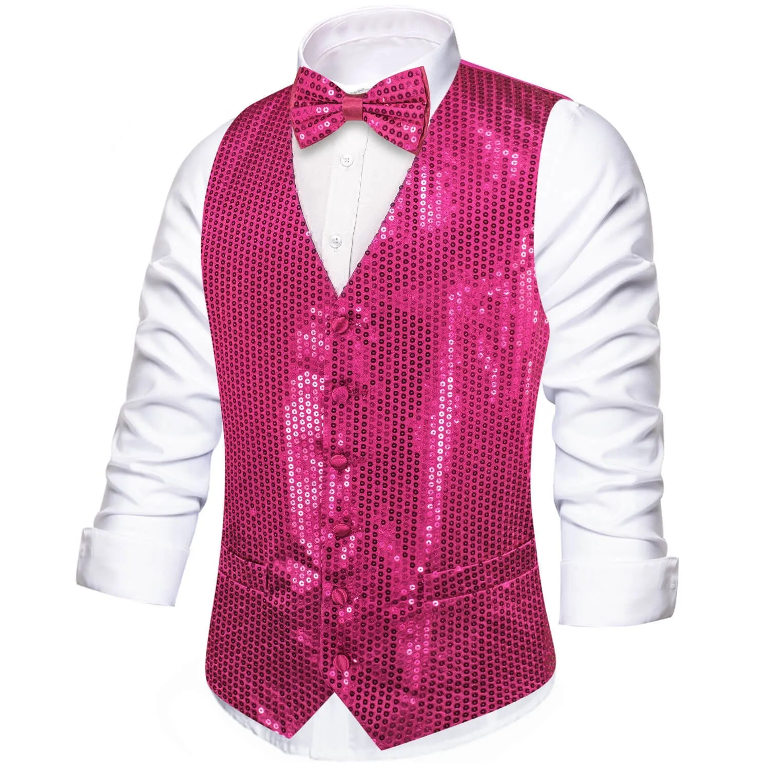 Ties2you Men's Vest Shining Deep Pink Sequins Vest Bow Tie Set