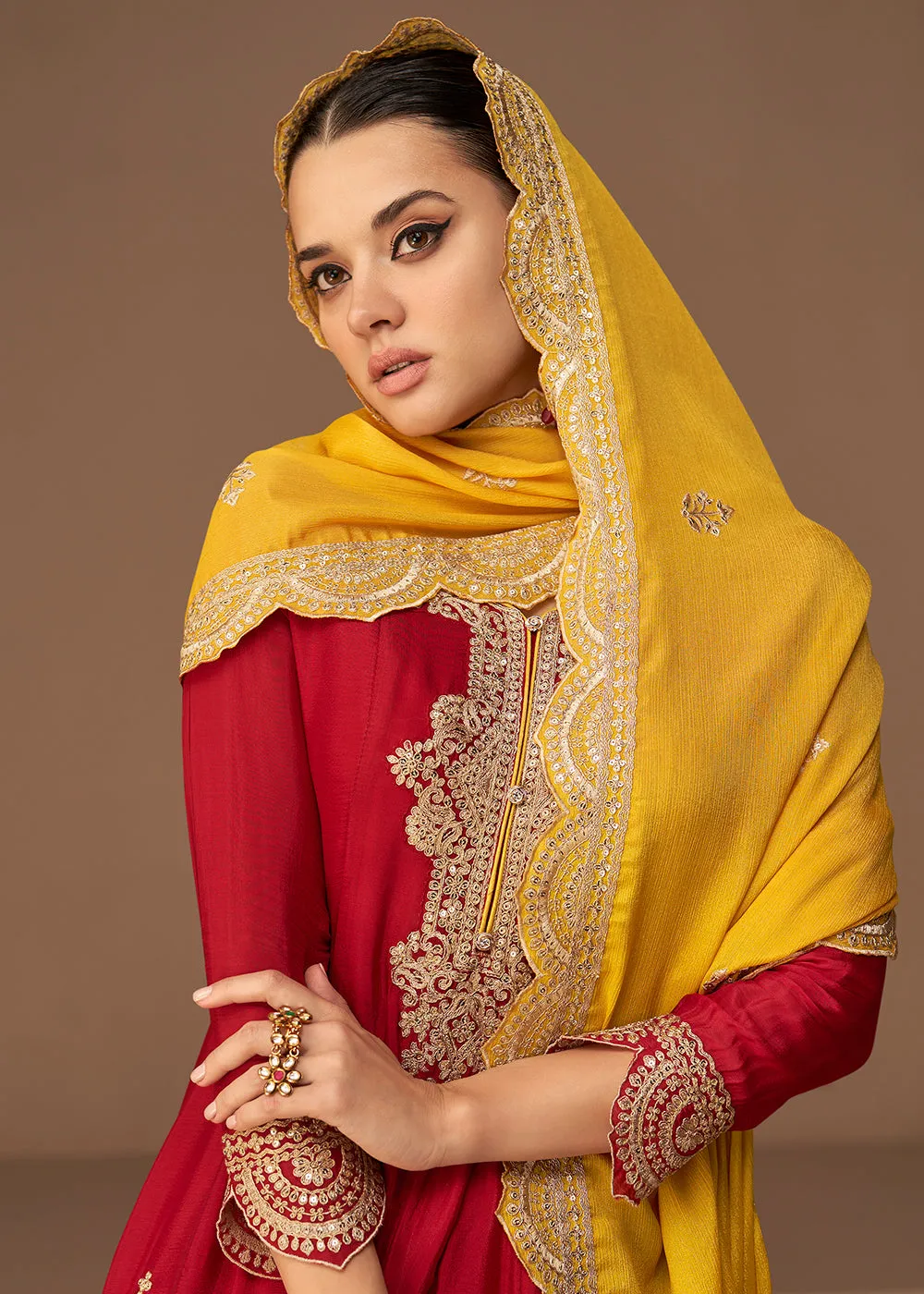 Traditional Look Bright Red Chinon Silk Punjabi Style Suit