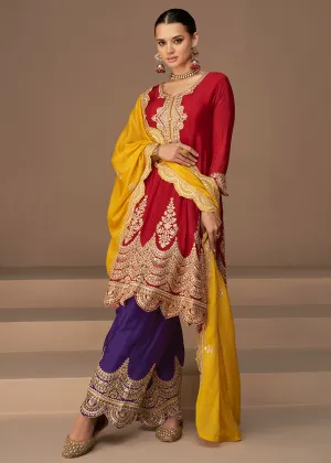 Traditional Look Bright Red Chinon Silk Punjabi Style Suit