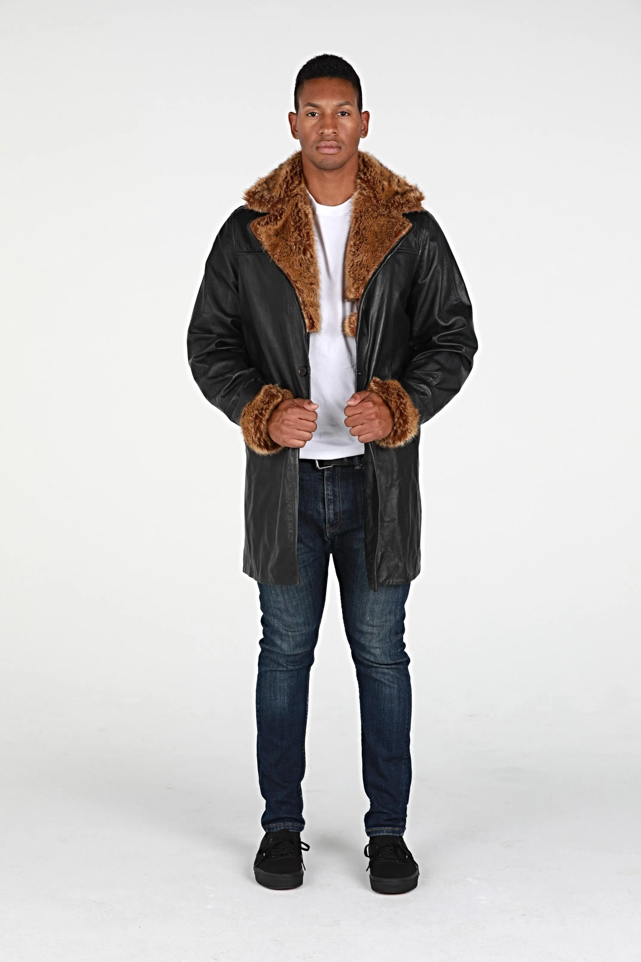 Ulman Mens Winter Leather Coat w/Faux Fur - Clearance