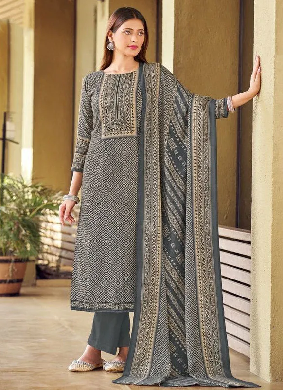 Unstitched Grey Pashmina Woolen Winter Suit Dress Material for Women