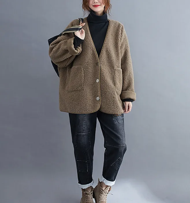 V Neck Fleece Women Spring Casual Coat Loose Short Coat Jacket