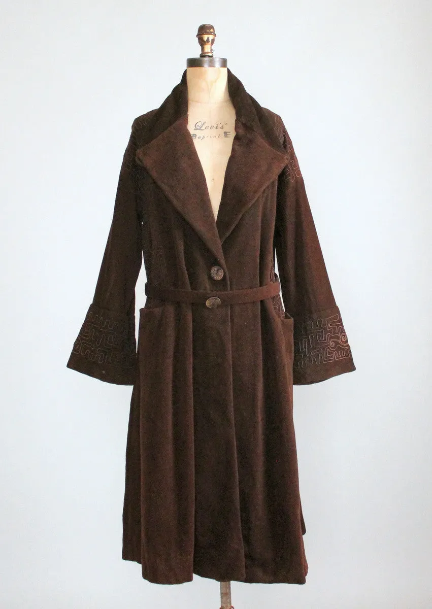 Vintage Early 1920s Brown Wool Velour Coat with Soutache Trim