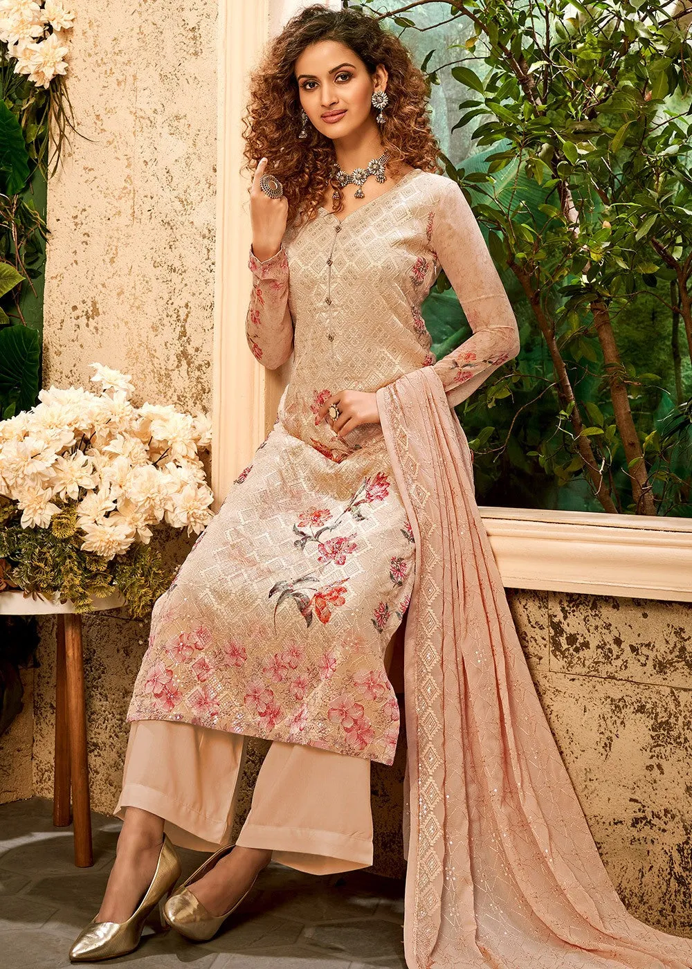 Viscose Georgette Light Peach Sequins Salwar Suit