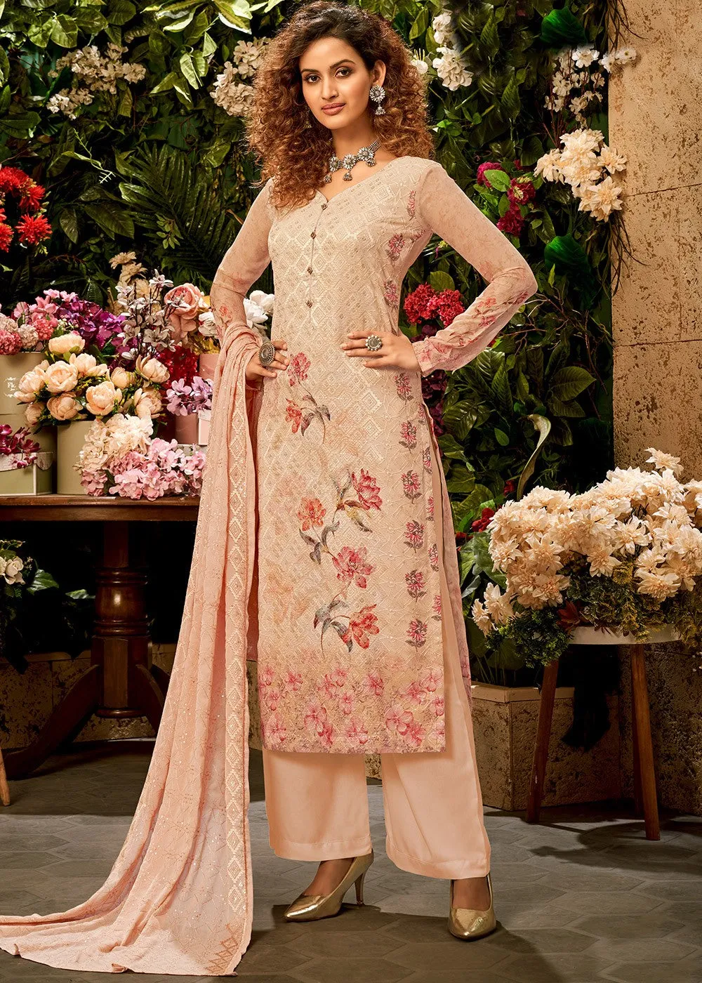 Viscose Georgette Light Peach Sequins Salwar Suit