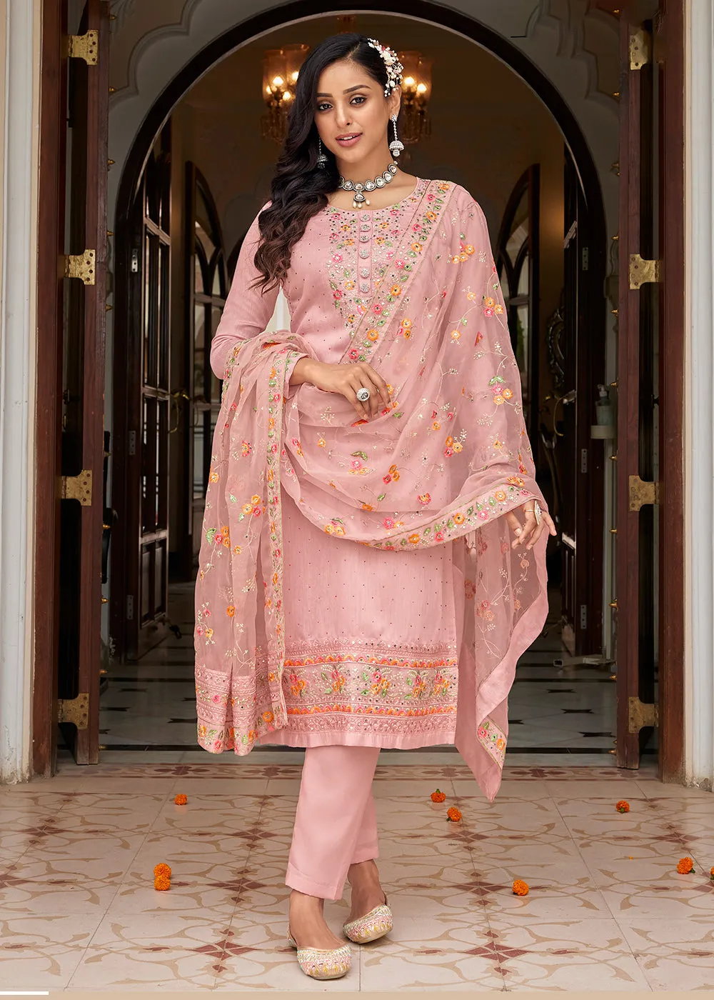 Viscose Silk Embroidered Awesome Pink Pant Salwar Suit