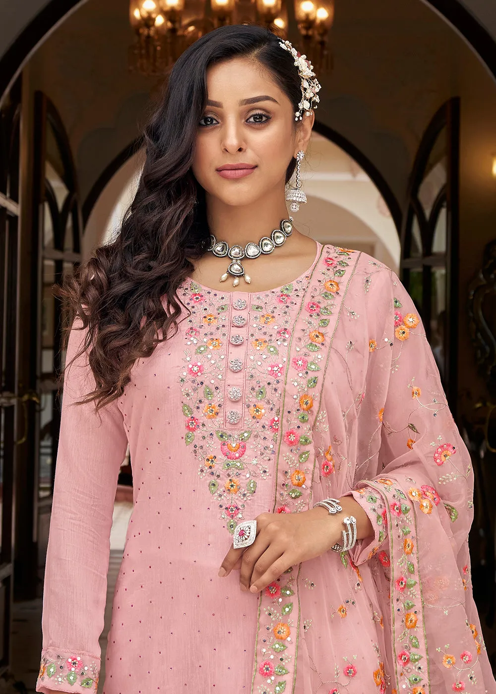 Viscose Silk Embroidered Awesome Pink Pant Salwar Suit