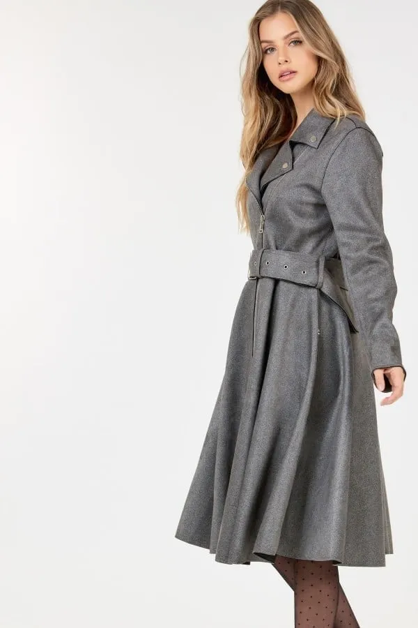 Waist belt tacked faux suede coat solid coat