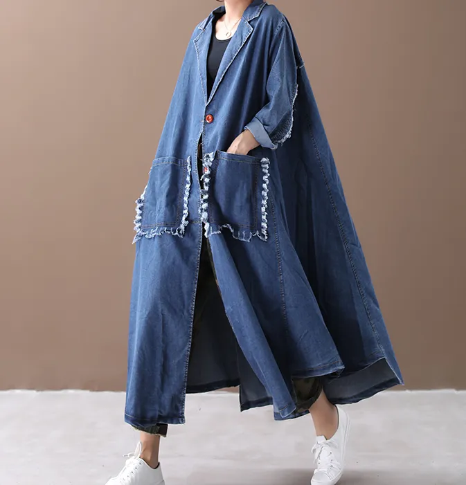 Washed Denim Loose Casual Coat A line Parka Plus Size Coat Jacket