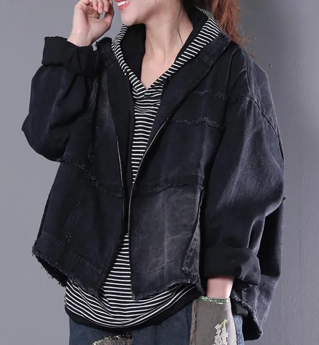 Washed Denim Women Spring Casual Coat Loose Hooded Parka Plus Size Short Coat Jacket