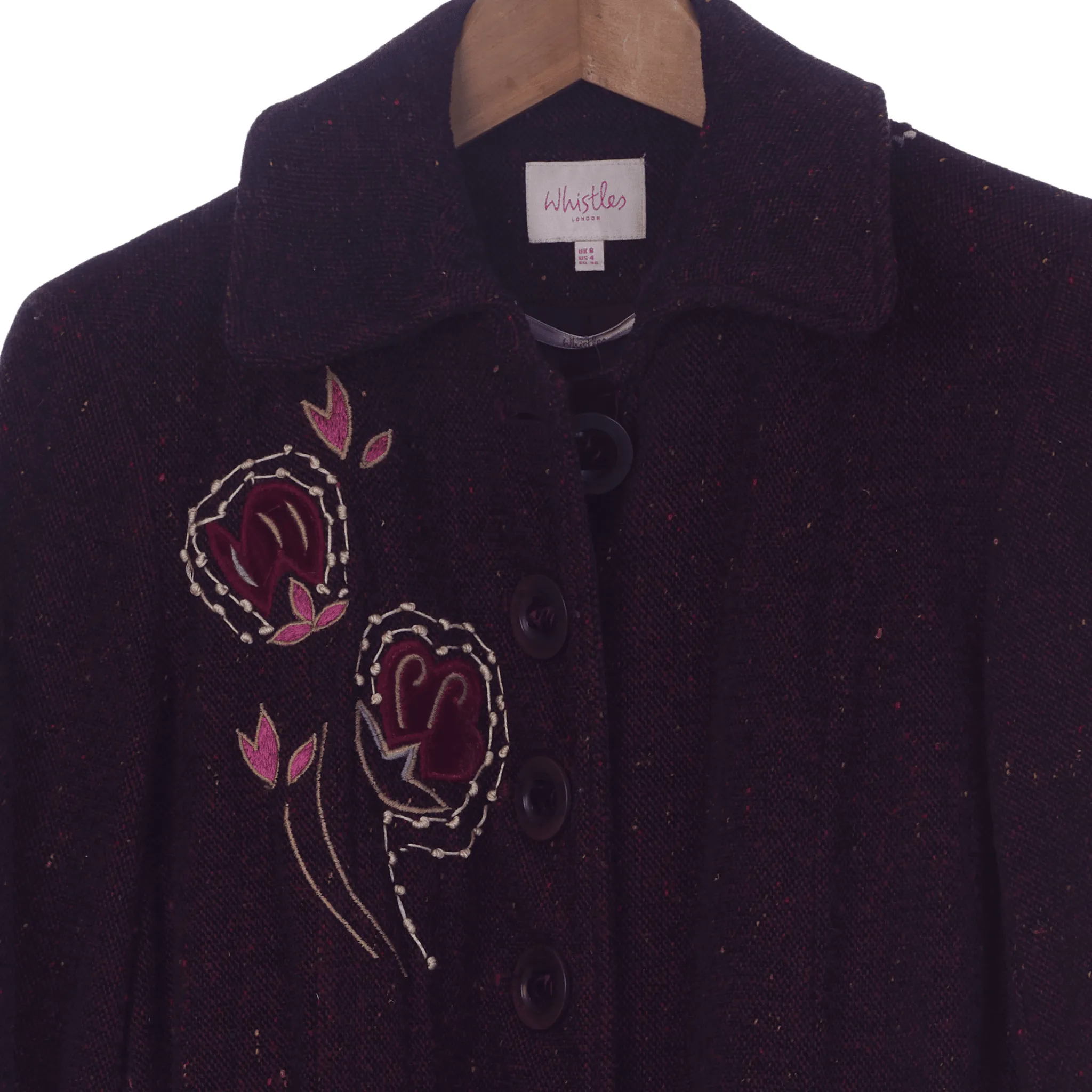 Whistles Burgundy Wool/Cotton Mix Coat with Floral Embellishment UK Size 8