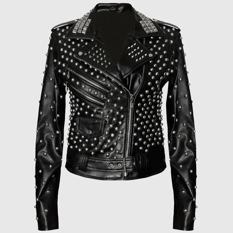 Women Black Brando Leather Jacket With Silver Studs