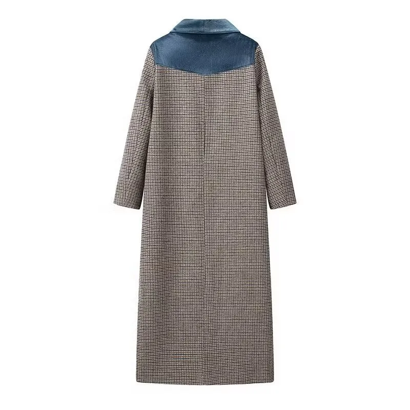 Women Clothing French Color Effect Collar Slim Long Checked Woolen Coat Coat