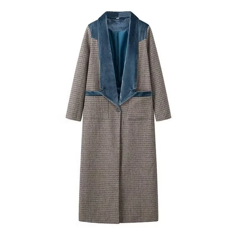 Women Clothing French Color Effect Collar Slim Long Checked Woolen Coat Coat