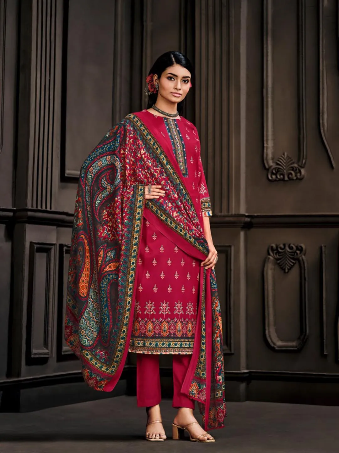 Wool Pashmina Dark Pink Unstitched Winter Ladies Suits Set