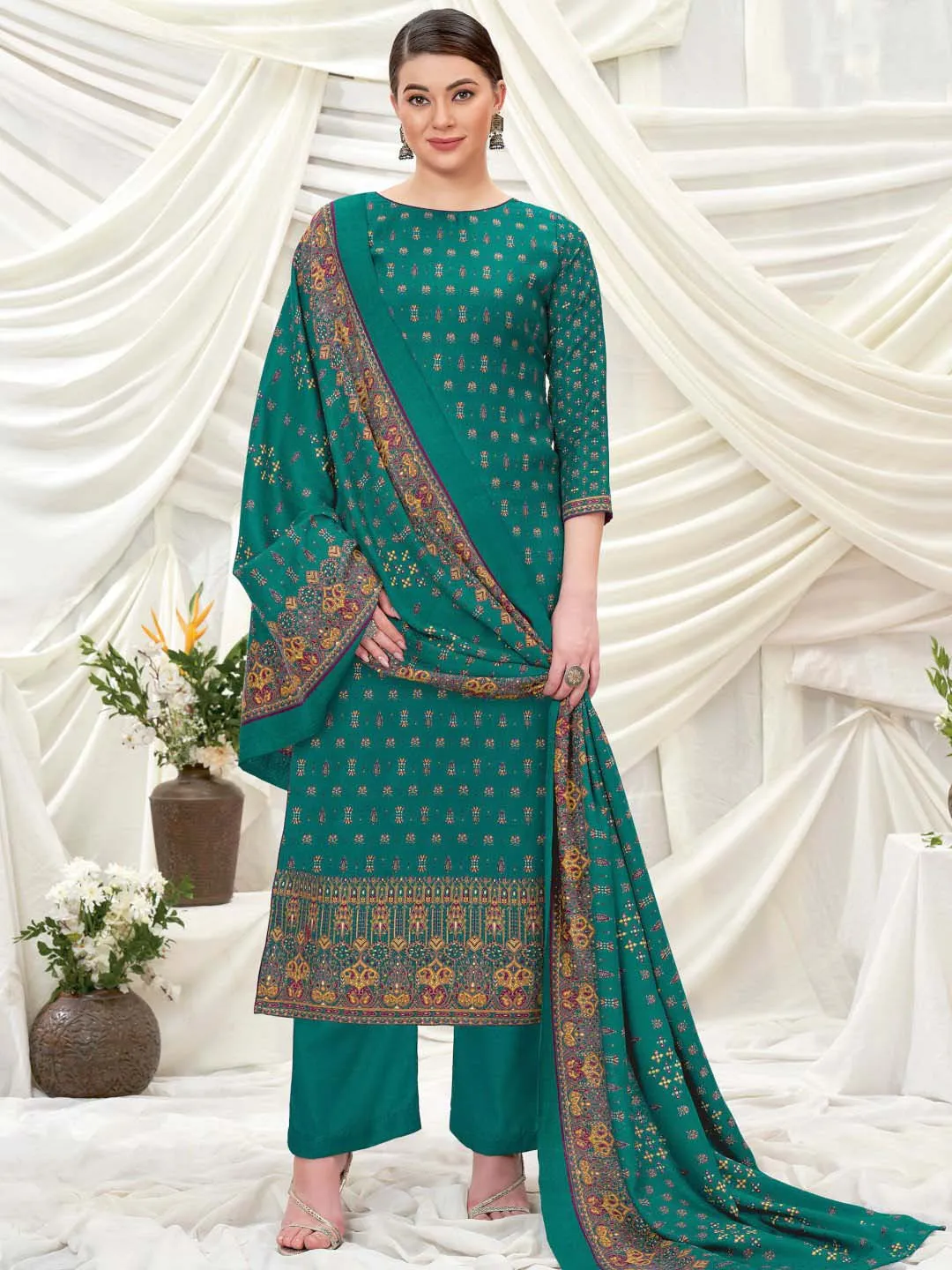 Wool Pashmina Green Printed Unstitched Suit Set