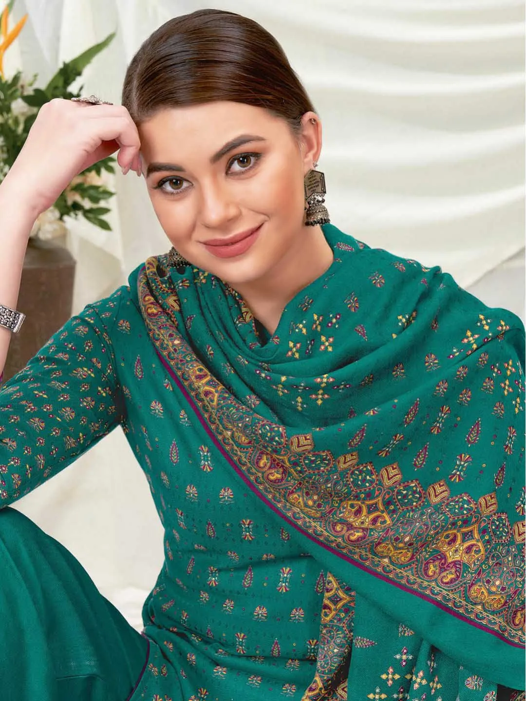 Wool Pashmina Green Printed Unstitched Suit Set