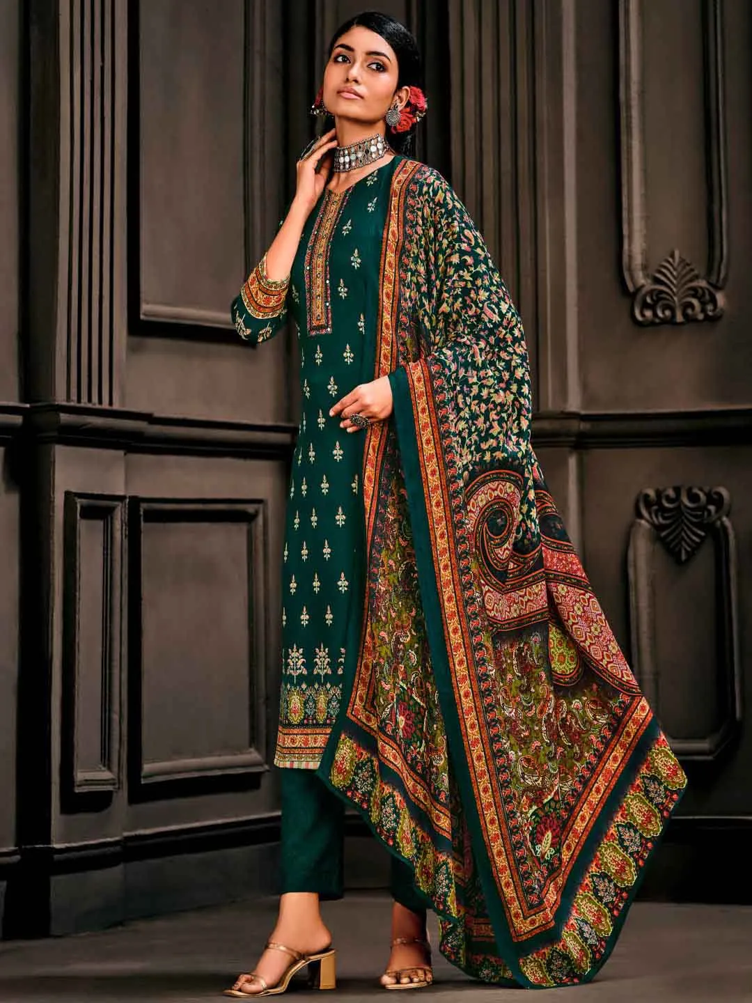 Wool Pashmina Green Unstitched Winter Ladies Suits Set