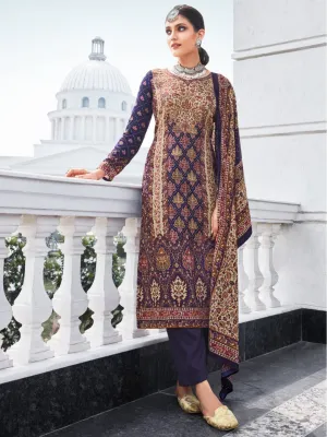 Woolen Pashmina Printed Unstitched Blue Winter Suits