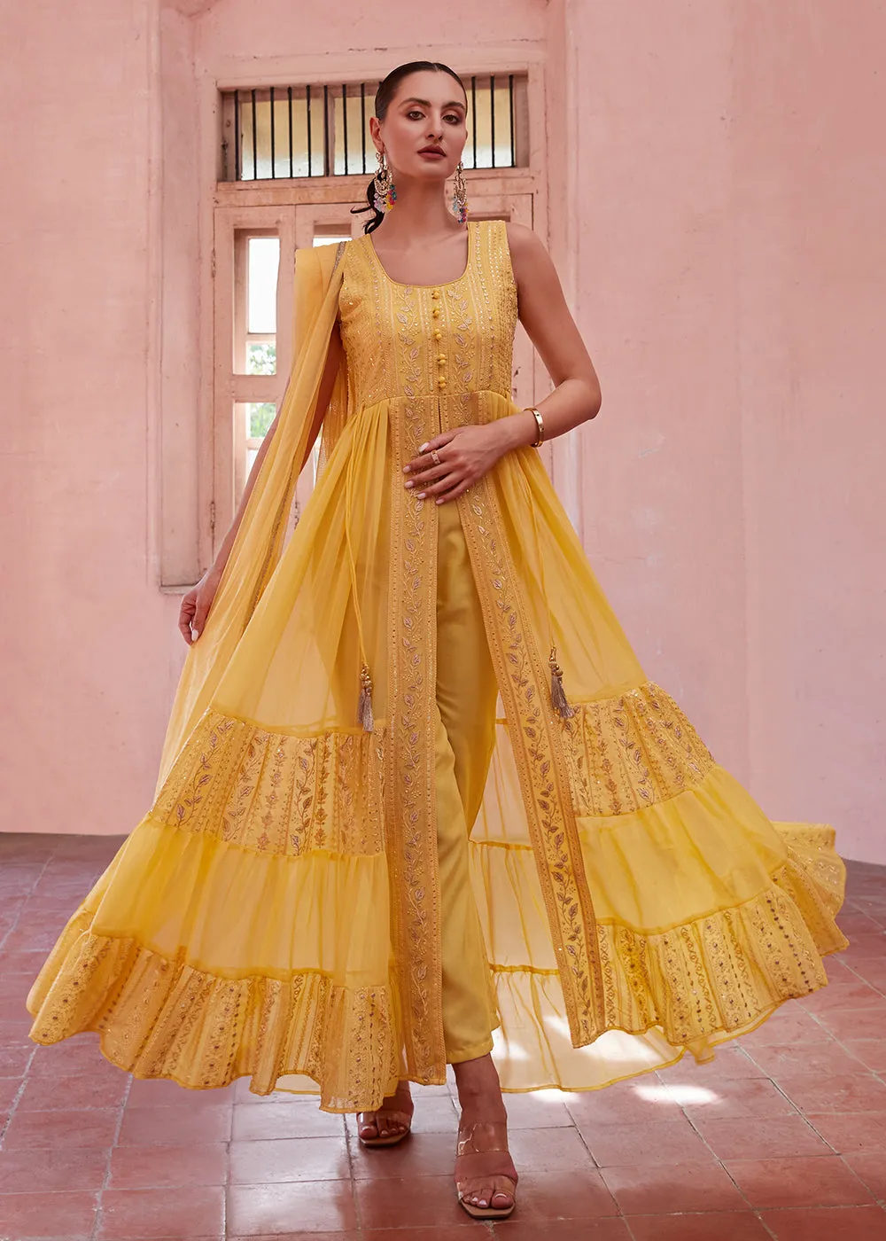 Yellow Front Slit Style Pant Style Party Wear Suit