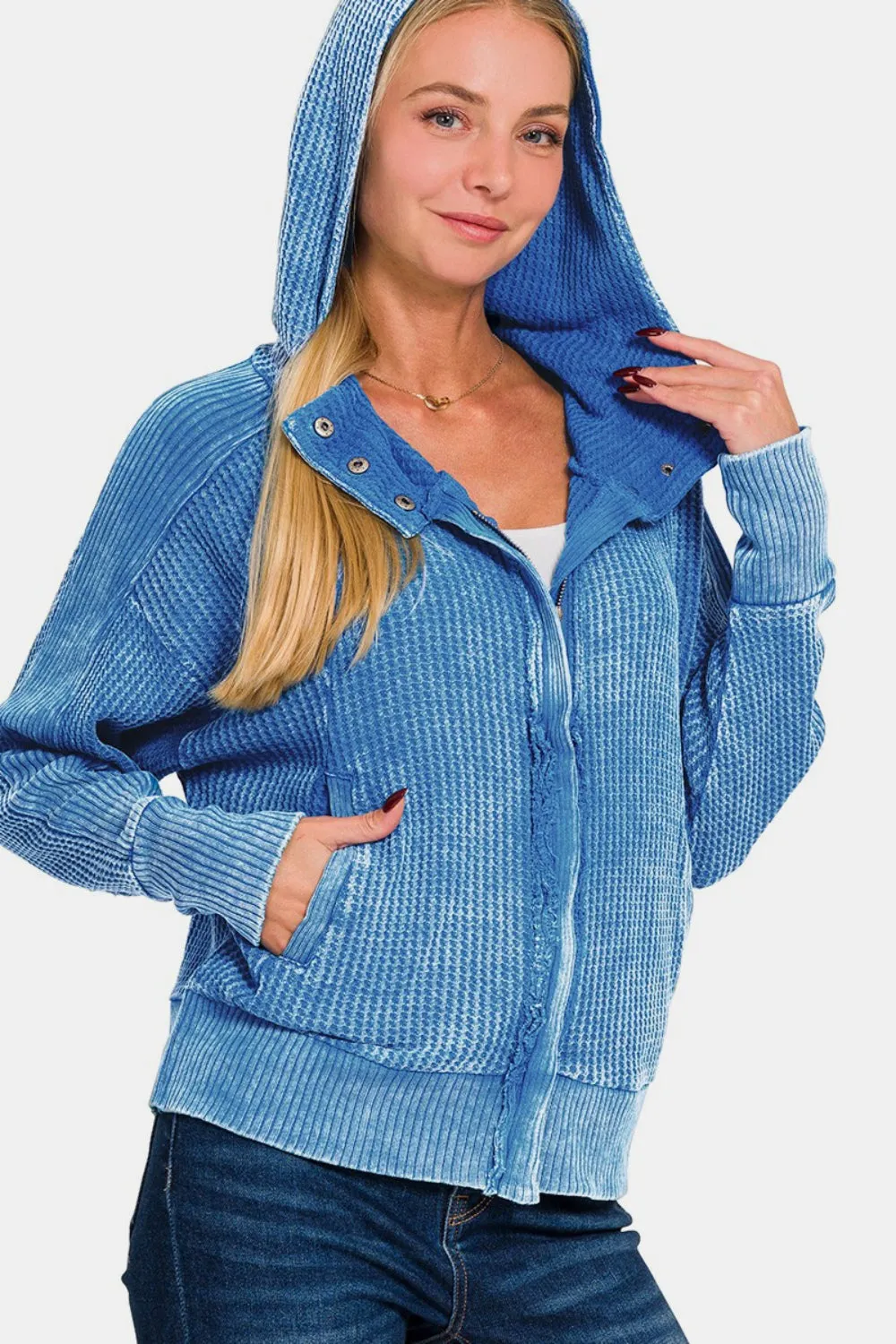 Zenana Washed Zip Up Hooded Jacket